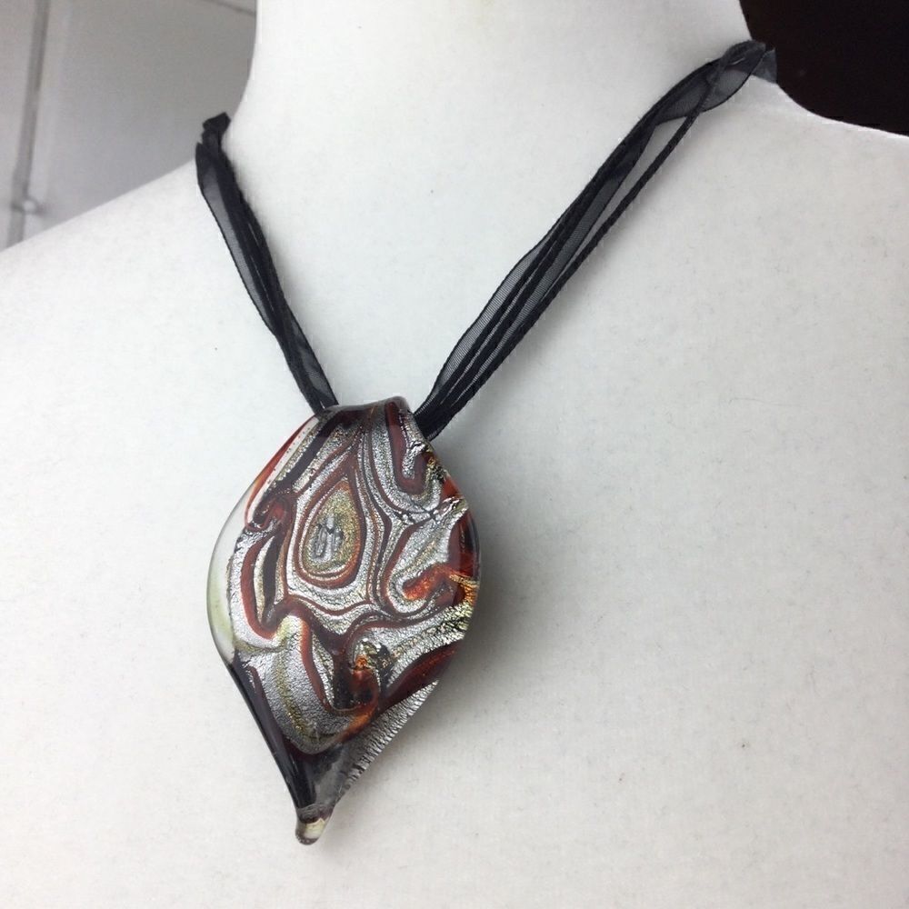 Orange Glass Necklace Handmade Orange & Gray Swirled‎